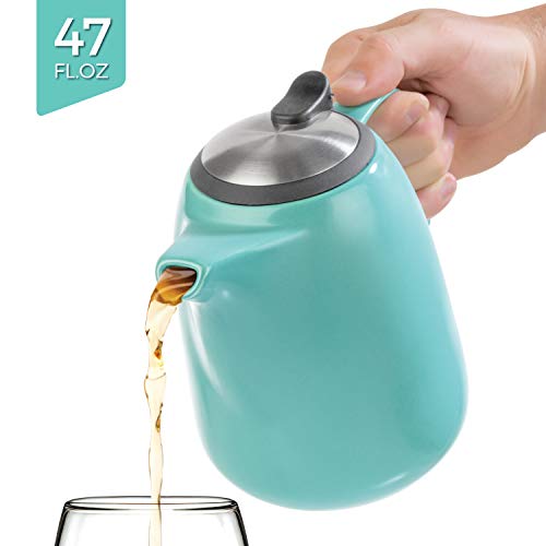 Tealyra - Daze Ceramic Large Teapot Turquoise - 47-Ounce (6-7 Cups) - With Stainless Steel Lid Extra-Fine Infuser For Loose Leaf Tea - 1400Ml #TOP5