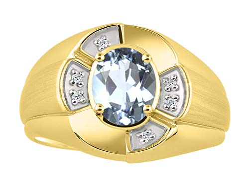 Image of Rylos Yellow Gold Plated Silver Men's & or Ladies Ring with 8X6MM Oval Gemstone & Diamonds - Unisex Color Stone Birthstone Ring Sizes 7-13