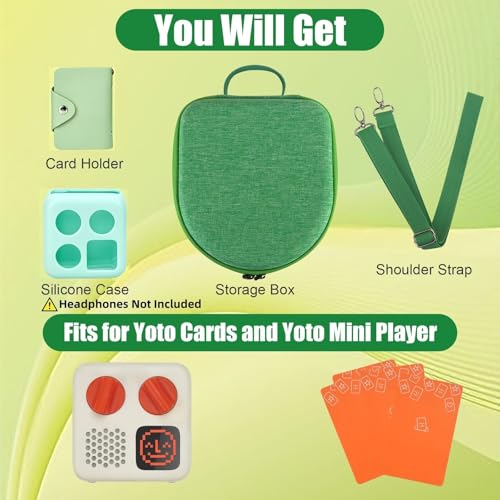 Image of Hard Case Compatible with Yoto Mini (2024 Edition), 3-in-1 Travel Bundle: Silicone Cover + Case with Shoulder Strap (Fits Mini Player & Headphones) + Up to 10 Card Holder for YOTO Cards (Green)