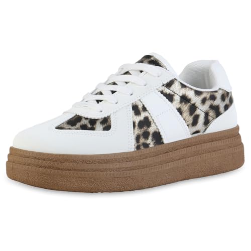 VAN HILL Damen Plateau Sneaker Plateau Basic Trendy Schuhe 216669 Weiss Leo 38