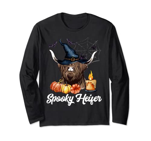 Spooky Heifer Halloween Highland Vaca Otoño Hola Otoño Manga Larga