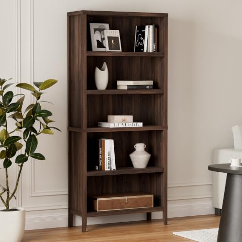 Image of EYYTHUNG 71 inch Tall Bookshelf, 5 Tiers Farmhouse Floor Standing Display Storage with Adjustable Shelf, Wooden Open Bookcase, Large Modern Book Storage Shelf, Brown