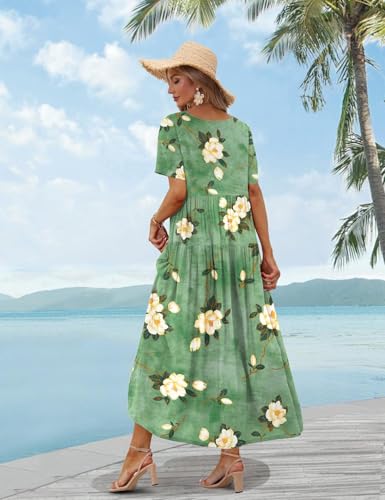 Image of YESNO Women Casual Loose Bohemian Floral Dress with Pockets Short Sleeve Long Maxi Summer Beach Swing Dress EJF