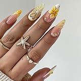 Dermalyx Press On Nails French, Ongles Dégradés Jaunes et Blancs, Fleur de Citron & Perles, Faux Ongles Artificiels, Ongles à Coller, Pointes d’Ongles Fausse pour l’Été