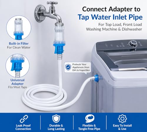 Image of Sanavya Washing Machine Inlet Pipe with Tap Filter Adapter All Brands Top Load, Front Load & Dishwasher | 3 Meter Fully Automatic Washing Machine Pipe + Tap Filter