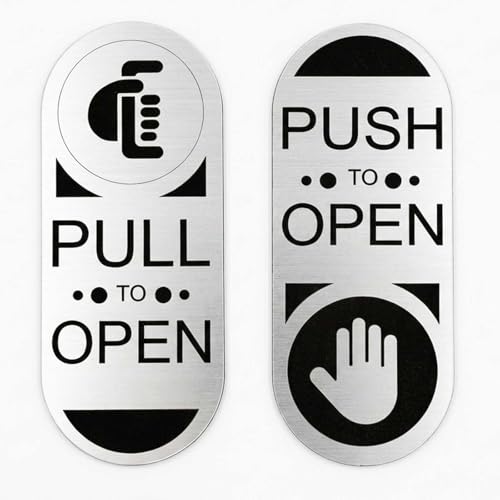 2 placas elegantes para puerta empujar tirar para abrir, 12 x 5 cm aprox. Cartel de señalización de laminado plástico para portones de condominios, puertas, tiendas, oficinas, hoteles (plata, inglés)