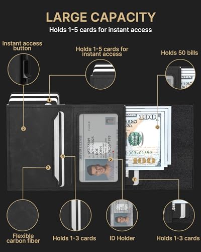 typecase Mens Wallet Card Holder: Pop Up Aluminum Case, Premium Genuine Leather, Smart, RFID Blocking, Slim, Minimalist, Front Pocket - 9-14 Card Capacity | ID Window | Cash Slot - Dark Black3