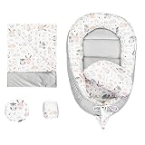 Reducteur de lit Bebe 90x50 cm Velours - Cocon Bebe cale Bebe lit nid Ergonomique Cocon en 5 Parties avec Couverture Hiboux Et Lièvres Gris