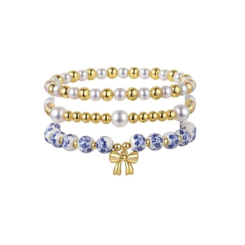FAFUBOTIF Elegant Pearl and 14K Gold Bead Bracelet Set, White and Blue Floral Ceramic Beaded Stretch Bracelets for Women, Gold Bow Charm, Fashion Jewelry, 3 Piece Set