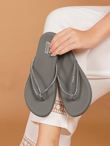 Image of JM LOOKS Elegant Embellished Shimmer Strap Flip Flops Comfortable Lightweight Daily Wear Flat Sandals For Women