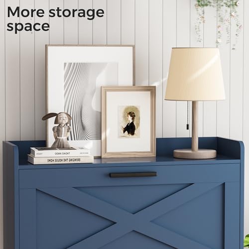 Image of Homleke Farmhouse Shoe Storage Cabinet with Flip Drawers & Barn Door Design | Slim Narrow Shoe Rack Cabinet with Adjustable Shelves & Hidden Storage for Entryway, Foyer, Hallway, Living Room, Blue