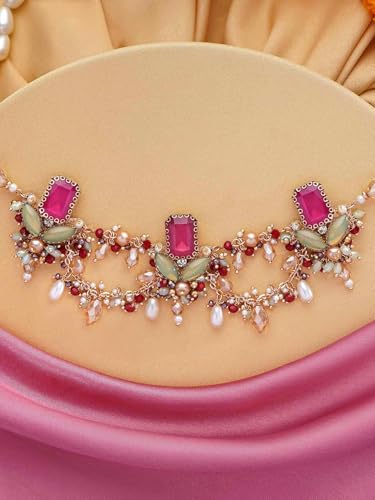 Image of SANJOYA Gold Plated Traditional Embroidered Jewellery for Women & Girls | Stone Studded Wedding, Festive, Mehendi, Sangeet Collection | Necklace, Earrings, Maang Tikka, Bracelet & Ring