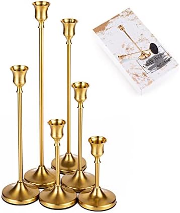 Candle Holder, Set of 6 Gold Candlestick Holders for Taper Candle, Candle Sticks Long Stem Holder for Table, Wedding, Party, Housewarming Gift, Upgraded to Heavier, 6 Heights Gift-Box Pack