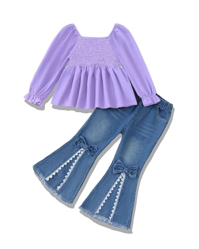 Image of XUANHAO Toddler Girls Clothes Puff Sleeve Smocked Shirt Flare Jeans Pant Outfits for Girl Bell Bottom Kids Girls Clothing Set