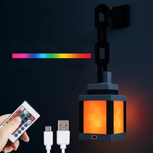Pixelated Lantern Night Light -16-Color Led Wall Mood Night Light W Touch Switch&Remote Control-Rechargeable Night Lamp Mountable Table Light, Costume Cosplay Nightstand Lamp for Room Decor for Boys