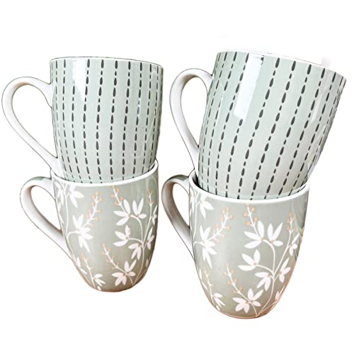 Darthome Sage Green Mugs Set of 4 Floral 350ml Traditional Country Kitchen Coffee Cups