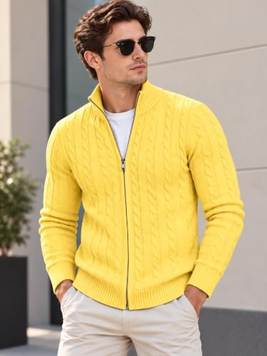 Image of TYSORT Men's Cotton Full Sleeve High Neck Full Zipper Sweater for Men, Cable Knitted Cardigan for Men