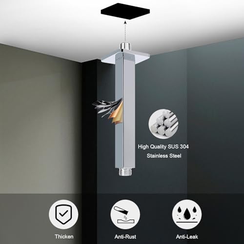 Image of Ceiling Mounted Shower Arm, Rain Shower Square Extension Arm with Flange and Teflon Tape Stainless Steel Ceiling Mount Shower Extender (6 Inch, Chrome)