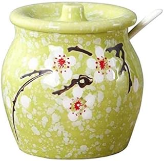 Ceramics - Azucarero japonés, para condimentos, con tapa y cuchara, color verde