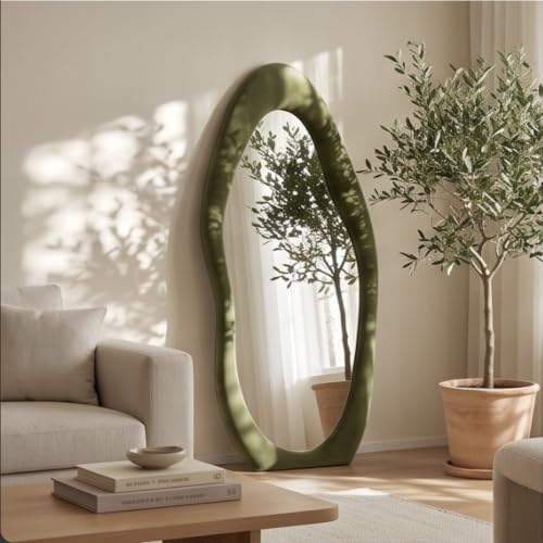 Image of The Artment Fluid Reflection Unbreakable Full-Length Asymmetrical Shape Mirror with Plush Green Velvet Frame, Floor-Standing or wall-Leaning Design for Bedroom, Dressing Area & Home (160 X 60 CM)