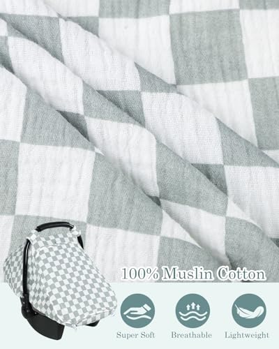 Image of DILIMI Car Seat Covers for Babies, Muslin Cotton Baby Car Seat Cover with Breathable Mesh Window, Summer Infant Car Seat Canopy for Boys Girls Newborn, Green Plaid