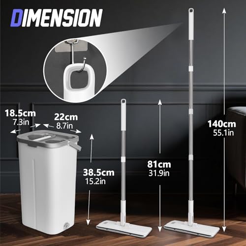 Masthome Wischmopp Set mit Eimer,Bodenwischer Set mit 10 Mikrofaser Pads und Langem Edelstahl Griff,Putzeimer mit Wischmop,Wischmopp mit Auswringfunktion für Alle Böden,Weiß – Bild 3
