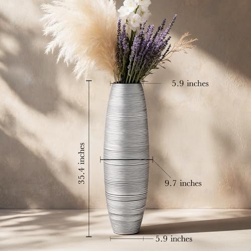 Image of Large Floor Vase 35.4 inch Silver Metallic, Resin Wide-Body Vase with Horizontal Ribbed Texture for Dried Pampas Grass Branches, Modern Home Decor for Living Room Corner Entryway