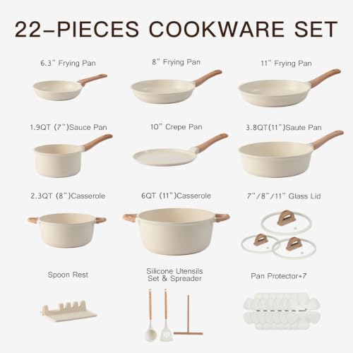 Image of USELUCK 22-Piece Ceramic Cookware Set, Nonstick Pots and Pans Set