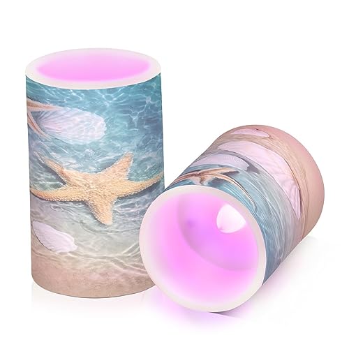 Starfish and Seashell on The Summer Beach Flameless Candles, Flickering LED Candles Battery Operated Color Changing with Remote Timer for Party Wedding Decoration