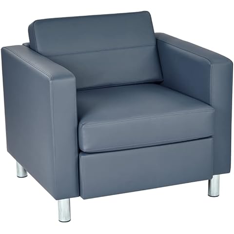 Office Star Pacific Armchair with Padded Box Spring Seats and Silver Finish Legs, Dillon Blue Faux Leather Cover