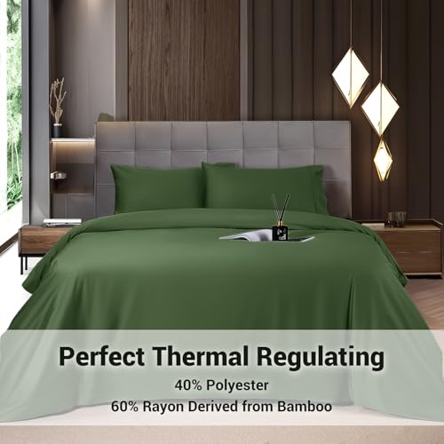 Image of Shilucheng 4 Piece Full Sheet Sets, Cooling Sheets, Blend Rayon Derived from Bamboo, Deep Pocket Up to 16 inch, Breathable & Soft Bed Sheets, Hotel Silky Bedding Set, Olive Green