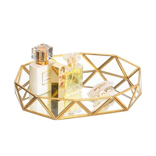 Feyarl Glass Mirrored Tray Gold Perfume Tray Ornate Cosmetic Makeup Vanity Trays Jewelry Display Organizer Decorative Trays for Home Decor Dresser Tabletop