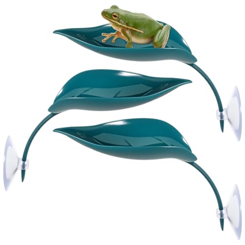 3Pcs Crested Gecko Tank Accessories, Plastic Leaf Decorations with Suction Cups Frog Habitat Platform Wall Climbing Gecko Toy Reptile Branches Leaf Turtle Terrarium Decorations (Dark Green)