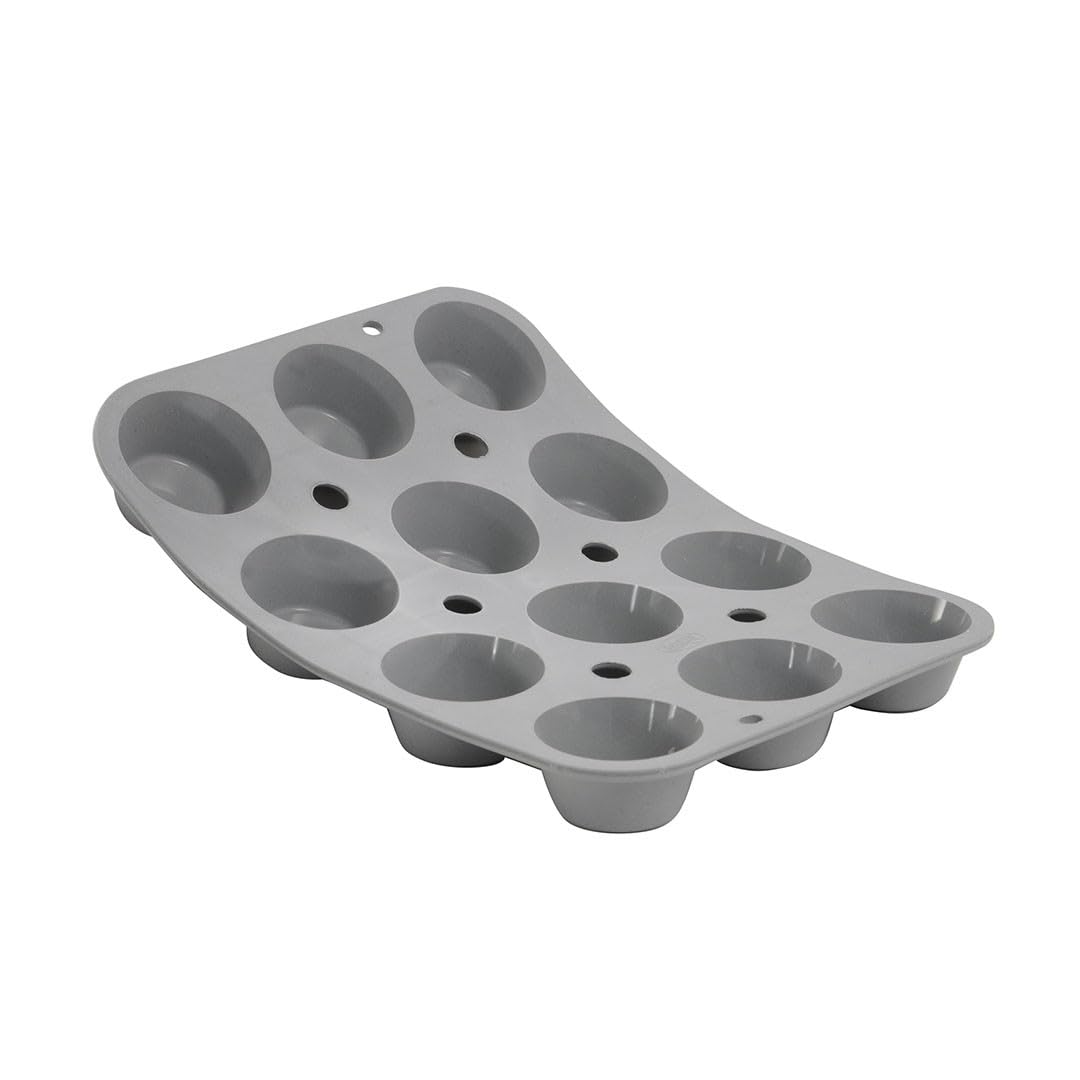 De Buyer - Plaque de 12 Muffins "​Pomponnette" ELASTOMOULE en mousse de silicone - 23,​5 x 17,​6 cm, diamètre 4,​6 cm -, Gris