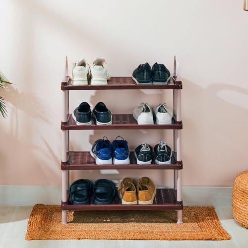 Image of Amazon Basics Multipurpose Plastic Shoe Rack | Durable, Space-Saving & Easy to Assemble Organizer | Brown (Large, 65.7 cm x 27.5 cm x 83 cm)