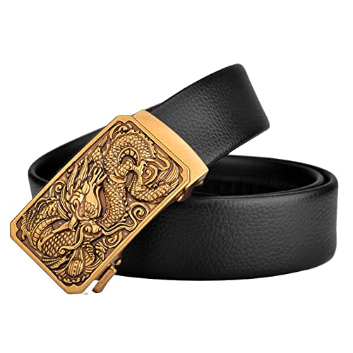 Ceintures Hommes Ceinture Style Rétro Dragon Chinois Boucle Automatique Ceinture En Cuir De Vache Pour Costume Jeans Décontracté(Color:Gold-black,Size:125cm) Cover