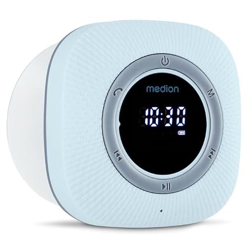 MEDION S66884 Radio de Douche avec Bluetooth (Radio de Salle de Bain, Radio FM, Ventouse, écran LED, IPX6 étanche, Batterie intégrée, MD43884) Bleu