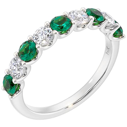 PEORA Solid 14K Gold 1 Carat Lab Grown Diamond and Created Emerald 9-Stone Half Eternity Band for Women, Wedding Anniversary Stackable Ring, Sizes 4 to 10