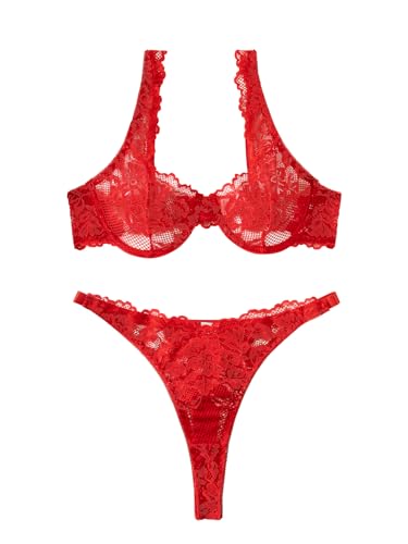 Lilosy Sexy Floral Lace Scallop Underwire Push Up Sheer Lingerie Set Outfits Women See Through Match Thong Bra and Panty 2 Piece Red Medium