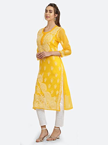 Image of FAWOMENT Women's Designer Straight Georgette Hand Embroidered Lucknowi Chikankari Kurta Designed in Side Jhaar Pattern Alongwith Slip