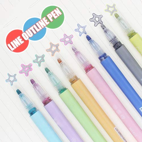 Glitter Gel Pens Set, Drawing Double Line Outline Pen Stationery, 8 Colors Highlighter Marker Pen for Coloring Books, Craft Drawing Doodling, Card Making, Ceramics, Glass, DIY Poster
