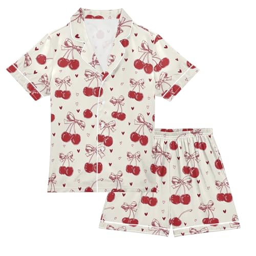 Red Bow Cherry Love Pattern Summer Satin Pajama Set, Cute Button-Down Sleepwear Pj Set for Sleep Wears