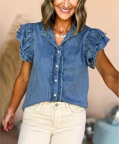 Chvity Summer Women's Button Down Denim Tops Ruffled Flutter Sleeve Blouse V Neck Casual Shirt Tops3
