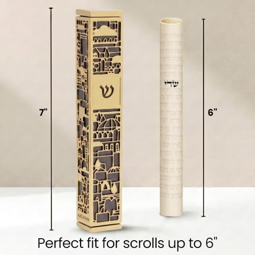 Image of SURI Mezuzah for Door with Scroll, 7 Inch Gold and Gray Mezuzah Case with Non Kosher Scroll Inside, Fits a up to 6 Inch Scroll, Includes Adhesive and Gift Box