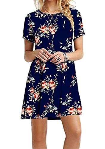 OMZIN Vestido De Verano para Mujer Vestido De Manga Corta Vestido Floral Vestido Camisero Minivestido Túnica Básico Informal Vestido Blusa Azul Rosa Flores S