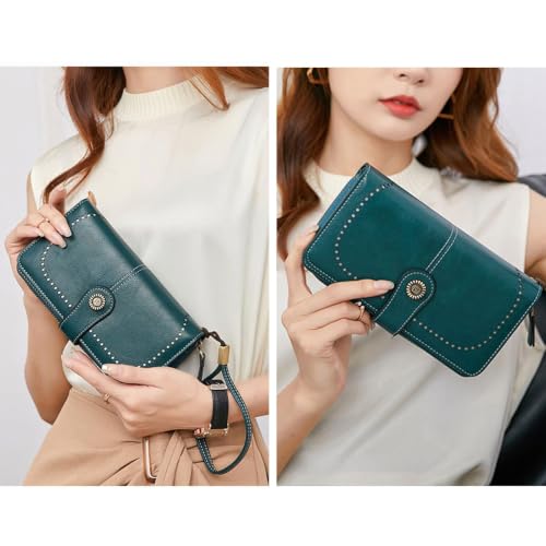 Image of Mokoze Wallet for Women, PU Leather Large Capacity Wallets with Wrist Strap and Zipper for Hold Credit Cards /Cell Phones /Keys, Girlfriends Mother's Day Gifts, Grey, 7.48 inch x 4.13 inch x 1.18 inch, Bifold