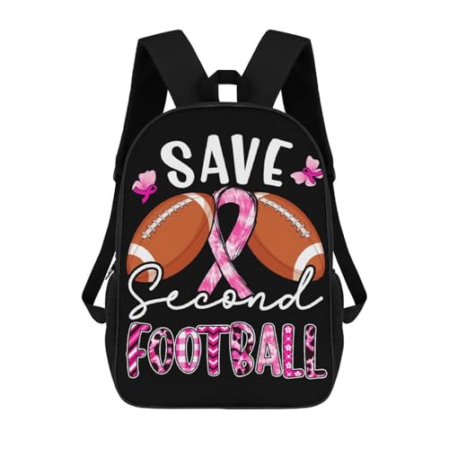 OBLUE Save Second Football Pink Ribbon Breast Cancer Awareness Backpack 17 Inch Shoulders Daypack Simple Leisure Travel Bag
