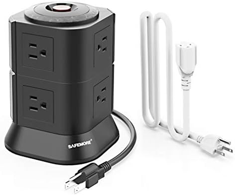 Vertical Power Strip Tower by SAFEMORE Surge Protector 8 Multi Plug Outlets with Overload Protection, (6.5FT + 3.28FT) Cooper Extension Cord 3 Prong Plug Power Outlet Tower for Home& Office-Black