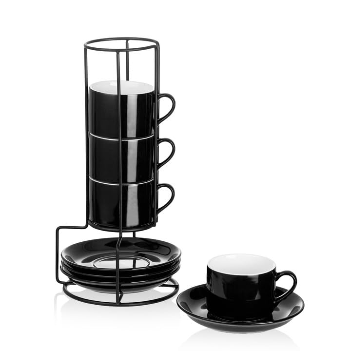 4oz Porcelain Stackable Espresso Cups with Saucers and Metal Stand Set of 4, Stackable Espresso Cups Set of 4, Black Expresso Shots Cup Set for Coffee Drinks, Cappuccino Latte, Americano, Tea