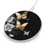Gold White Butterflies Black Wireless Charger Portable Fast Charging Pad Lightweight Wireless Charging Pad 10W Slim Charging Station for Phone Charger Mat for Travel Home Office Desk